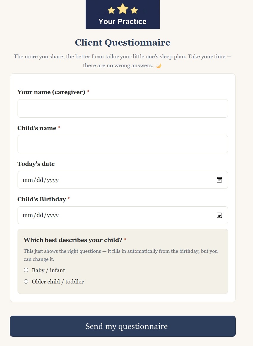 A client's branded intake form